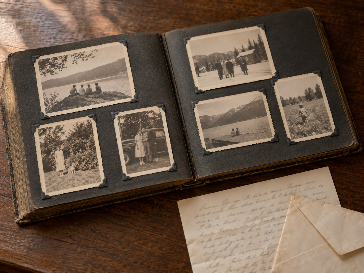 An illustrative black-and-white family photo album with letters and keepsakes